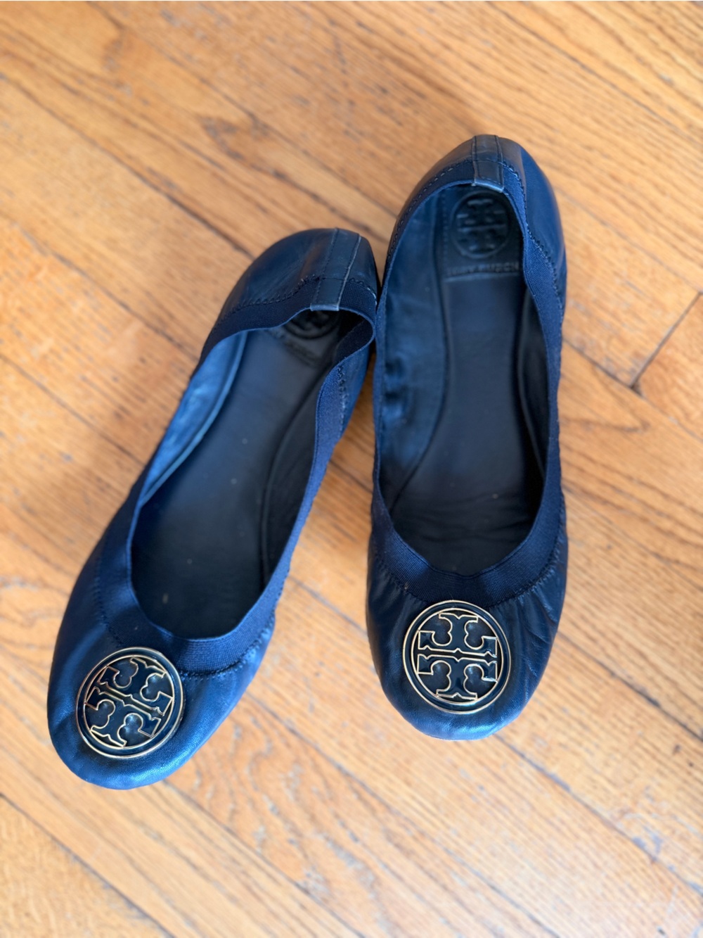 Tory Burch Navy Blue Reva Ballet Flats Gold Logo